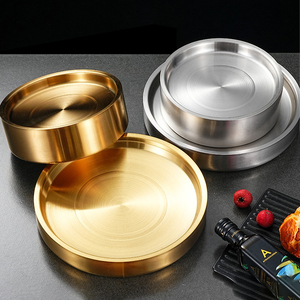 Assiettes et plateaux de service ronds en acier inoxydable de qualité alimentaire à double isolation, style coréen, pour restaurants et banquets de mariage - Product Image 1