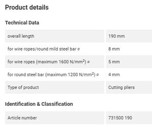 ใหม่ของแท้ Hoffmann GARANT เหล็กโครเมี่ยมวาเนเดียมพิเศษ, เครื่องตัดลวดสลิงแบบชุบน้ำมัน, ความยาวโดยรวม: 190 มม. 731500 190 7315 - Product Image 4