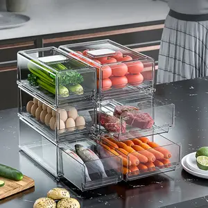 Stackable Clear冷蔵庫収納オーガナイザー引き出しRefrigerator Freezer Organizer Bins Fish Egg Food Fresh収納ボックス