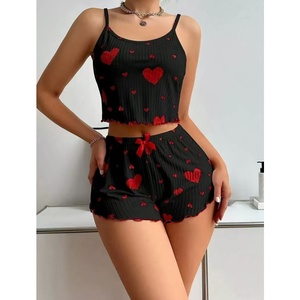 Pijama corto Sexy de verano para mujer, camisola con estampado de corazón acanalado, Top + Pantalones cortos con cintura elástica, pijama de moda para mujer, conjunto de dos piezas - Product Image 6
