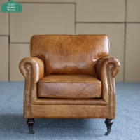 Fauteuil en cuir véritable ciré à l'huile de style vintage américain, mobilier de salon, fauteuil individuel, salon de cigares, hôtel, café