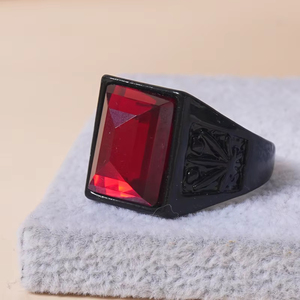 ZhuQian Toptan Alaşım Siyah Kırmızı Kristal Rhinestone Geometrik Oyma Desen Erkek Yüzükler Siyah Kaplama Trendy Parti Hediye Takı - Product Image 6
