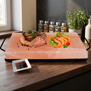 Home use Carved Eco-Friendly Himalayan Pink Rock Salt Bricks Plate BBQ Cooking Slab Premium Export <b>Iron</b>/Stainless Steel Holder - Product Image 1