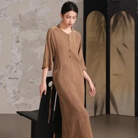 Nouvelle Robe d'été 2026 pour Femme en Lin/Coton de style chinois, coupe ample, vintage, texturée froissée, artistique et vieillie