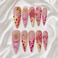 10 faux ongles stiletto faits main, modèle 3D, à presser, avec fleurs et perles, pointes d'ongles de qualité professionnelle, taille unique