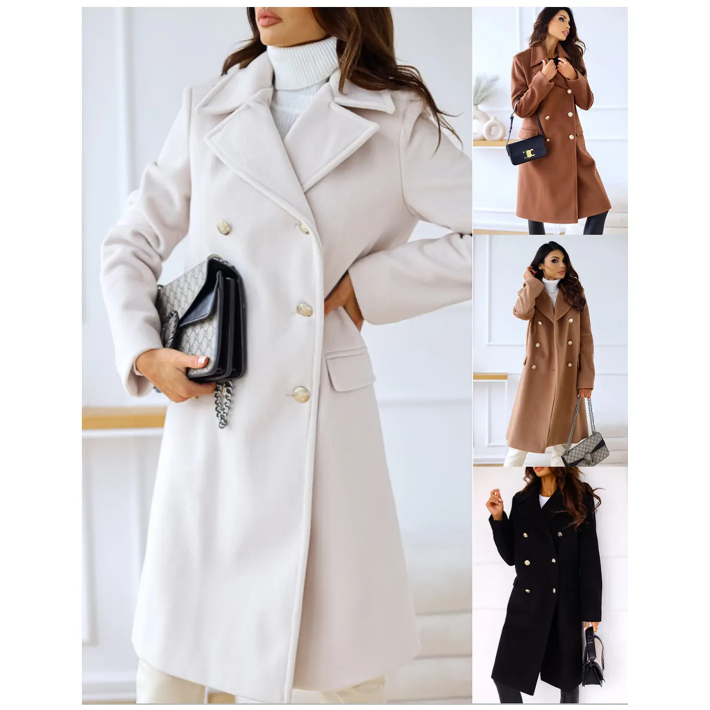 Wholesale 2022 winter fashion sexy women long sleeve Turn-down Collar Double Breasted woolen coats (ST22161)