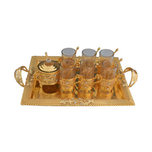 Placcato oro Souvenir regali di nozze cucchiaio di zucchero pot tazza di tè con il vassoio e piattini - Product Image 1