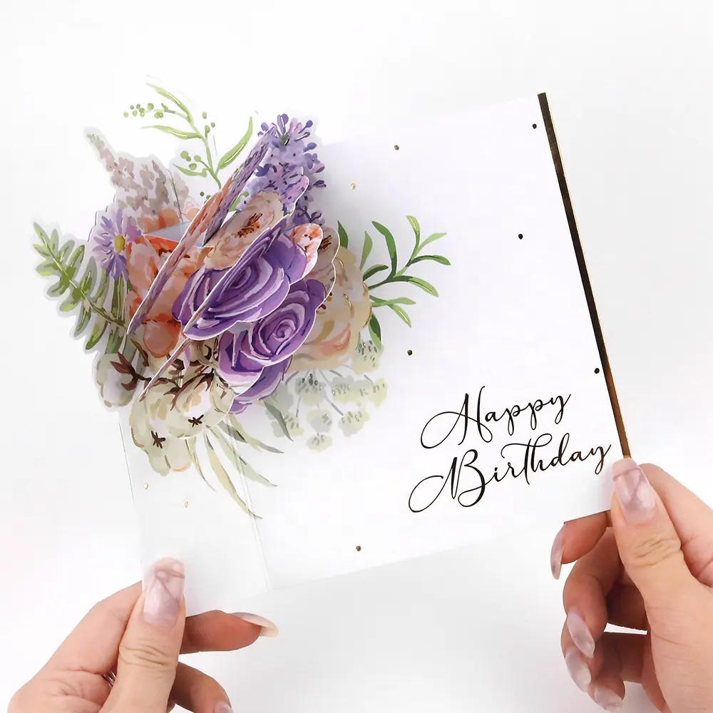 Nuevo creativo de alta gama único divertido personalizado impresión hecha a mano 3D flor Pop Up tarjetas de felicitación de feliz cumpleaños para mujeres