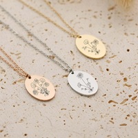 Kalung Bunga Kelahiran Bentuk Oval dari Baja Tahan Karat dengan Ukiran Bunga, Liontin Nama dan Tanggal yang Dapat Dipersonalisasi, Perhiasan Kosong