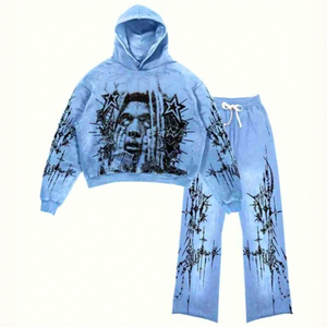 Unisex <b>Vintage</b> Blue Tie-Dye 2-in-1 <b>Tracksuit</b> with Hoodie and Drawstring Pants Streetwear Full Length Loose Fit - Product Image 1