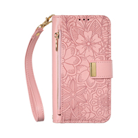Étui court pliable en cuir PU avec cordon, motif cœur gravé au laser, couleur unie, pour téléphones portables
