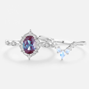 Bagues de fiançailles de luxe en alexandrite de laboratoire taille ovale, en argent 925 personnalisé, avec moissanite bleue, ensemble de bagues de mariage pour couple, bijoux fins pour femme - Product Image 2