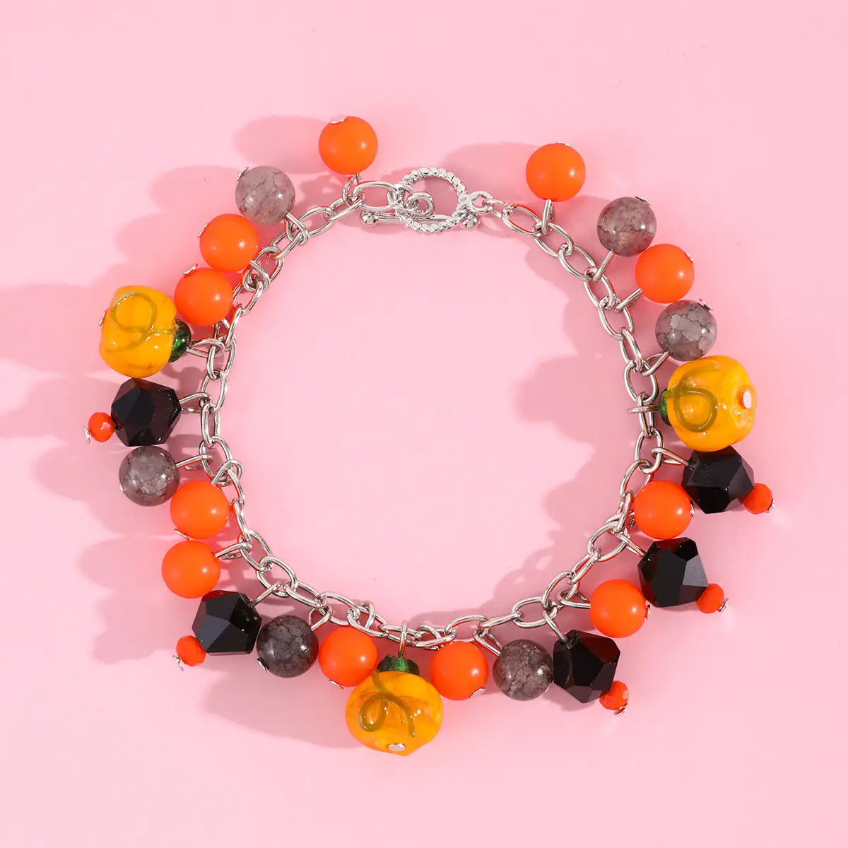 Girls Fashion Multi Black Orange Beads Beaded Chain Bracelet Handmade Glass Pumpkin Charms Halloween Bracelet