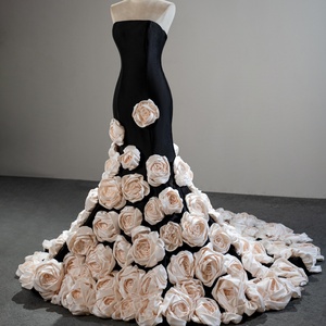 Sfy262 Dubai Black Strapless <b>White</b> 3D Flower Mermaid Evening Dresses Court Train Sleeveless Satin Prom Dresses Jancember - Product Image 1