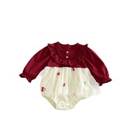 Robe-combinaison pour bébé fille, style princesse, bicolore, automne, nouveau-né, adorable, manches longues, avec broderie cerise et fraise