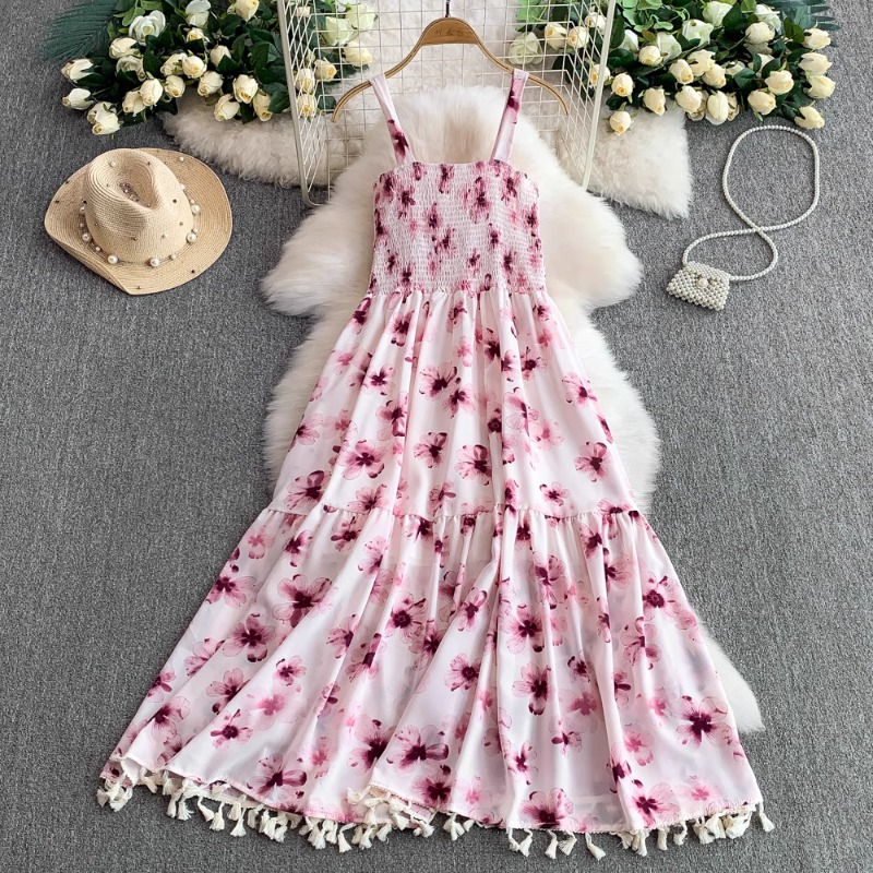 Dresses French Gentle Pink Floral Camisole Dress for Women's Summer New  Look Slimming Tassel Long Sweet Fashion Vestidos| Alibaba.com