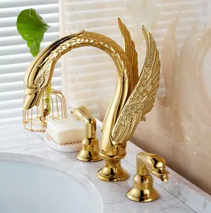 3 Piece Gold Polished Swan Shape Sink Faucet 2 Handles Basin Mixer Tap Bathroom Shower Faucet Set