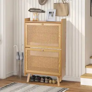 Low MOQ Wood Row Shoe Storage Cabinet With Nature Rattan Shoe Rack Cabinet Decorative Shoe Cabinet