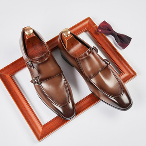 <b>Brown</b> Genuine Leather <b>Monk</b> <b>Strap</b> Dress <b>Shoes</b> Pointed Toe Buckle Closure Career All Seasons Rubber Outsole Drop Shipping - Product Image 2