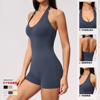Ensemble de yoga personnalisé pour femme : Combinaison short sans couture en Spandex/Nylon, anti-transpiration, col en V, dos nu, col licou