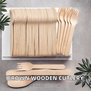 Ensemble de couverts modernes en bois biodégradables jetables, fourchettes, couteaux, cuillères, cuillères-fourchettes marron, écologiques pour le camping et les fêtes - Product Image 2