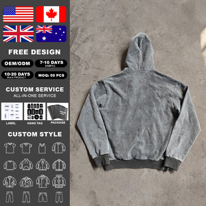 ผู้ผลิตขายส่งเสื้อฮู้ดดี้สตรีทแวร์แบบหนา ตัดเย็บทรงโอเวอร์ไซส์ ล้างสีแบบแอซิดวอช ปักลายปะติด ซิปหน้า - Product Image 2
