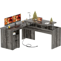 Bureau en L avec prises de courant Bureau d'ordinateur d'angle supérieur relevable avec tiroir Grand bureau avec étagères de rangement Bureau à domicile