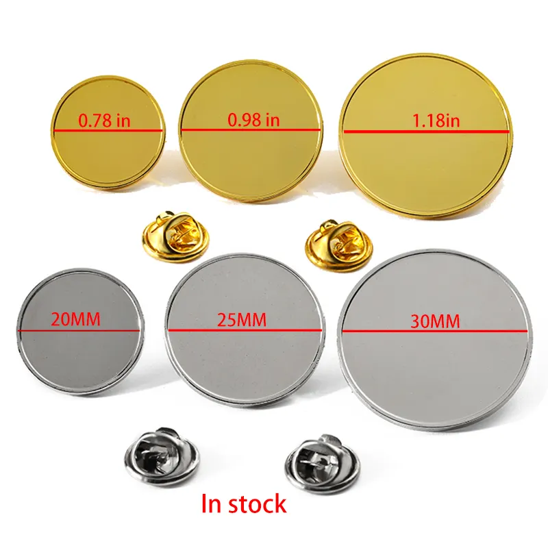 Auf Lager 20mm 25mm 30mm Gold Silber Blank Pin Personal izado Metall Logo Letter Sublimation Blank Abzeichen Pin für Laser gravur