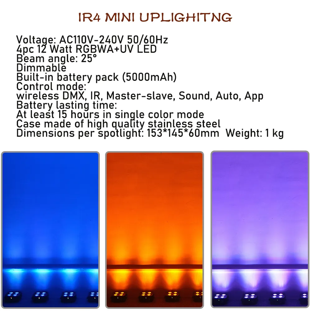 Les deux éclairage mini éclairage IR4 4*12w RGBWA UV 6in1 batterie sans fil DMX uplights pour mariage dj événement fête