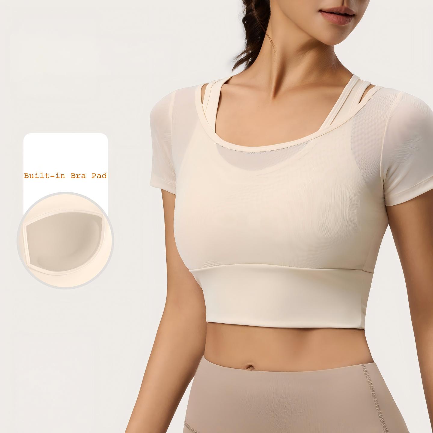 Wholesale Plus Size Women's Mesh 2 1 Built-in Bra Yoga Top Short Sleeve Crop Workout Shirt High Stretch Quick Dry Athletic