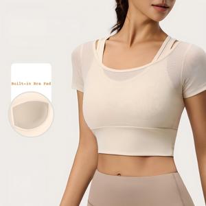 เสื้อโยคะผู้หญิงแบบขายส่ง ผ้าตาข่าย 2 in 1 มีบราในตัว แขนสั้น ทรงครอป เสื้อออกกำลังกาย ยืดหยุ่นสูง ระบายอากาศได้ดี - Product Image 1