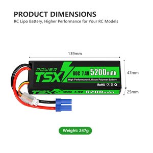 TSX Power 7.4V 80C 5200mAh 2S RC Lipo Batterij Harde Kist Met EC5 Stekker voor 1/8 1/10 RC Voertuigen RC Auto Truck Tank X-Maxx Buggy - Product Image 4