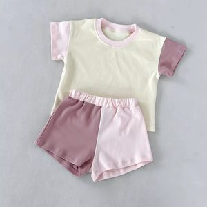 GSSO3503 Tenues d'été personnalisées pour petite fille, imprimé patchwork rose et marron, vêtements pour enfants en gros, ensemble de vêtements pour fille à manches courtes - Product Image 1