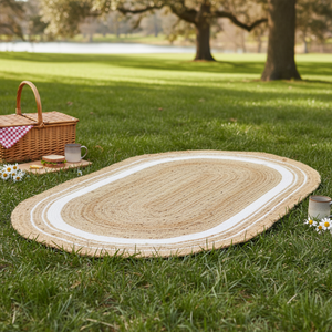 <b>Jute</b> and <b>White</b> Cotton Machine Made Modern Floral Design Oval Shape Braided <b>Rug</b> with Non-Slip Backing Anti-Bacteria Picnic Use - Product Image 3