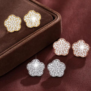 Boucles d'oreilles à fleurs en or rose E4532, avec strass en cristal rond, bijoux classiques en alliage pour femmes - Product Image 5