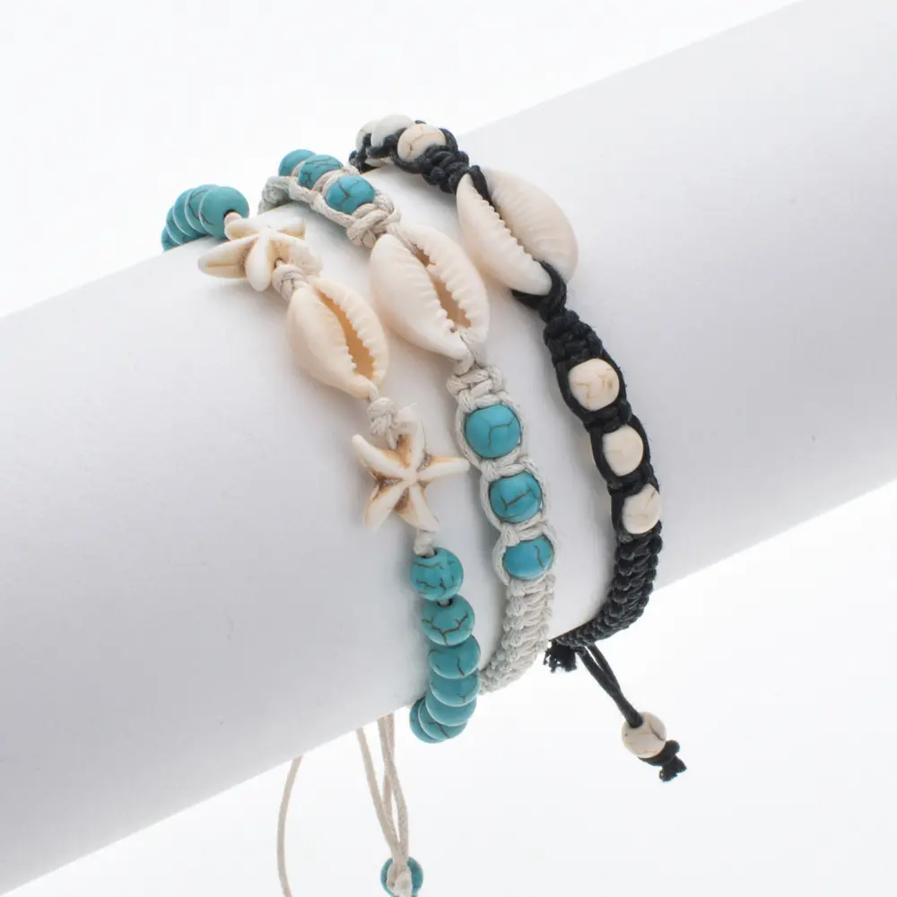 Handmade Boho Summer Beach Jewelry Natural Stone Sea Shell Turquoise Beaded Bracelets Braided Wax String Adjustable Bracelets