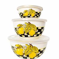 Lot de 3 bols de mélange vintage en émail floral avec couvercles, résistants à la chaleur, pour la cuisson et la levée de la pâte - Vente en gros directe usine