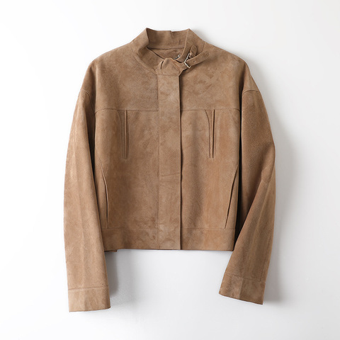 605 605 2026 Autumn New Arrival Casual Streetwear Coat Women's Stand Collar Vintage Moto Suede Sheepskin Leather Jacket