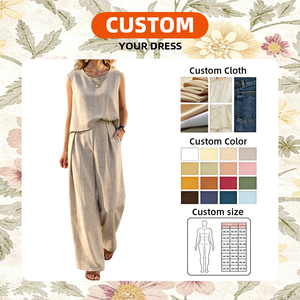 Completo Due Pezzi in Cotone e <span class=keywords><strong>Lino</strong></span> per Taglie Forti, Top Senza Maniche con Collo Tondo e <span class=keywords><strong>Pantaloni</strong></span> a Gamba Larga, Abito Estivo Casual Personalizzabile OEM - Product Image 4
