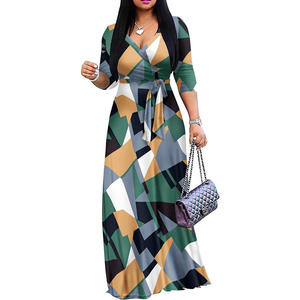 Abito lungo casual con stampa floreale, scollo a V, maniche a media lunghezza, vita impero e ampia gonna, per il mercato transfrontaliero europeo-americano - Product Image 3