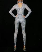 Combinaison moulante sexy haut de gamme à manches longues avec motif cercle et strass scintillants pour spectacle de danse en club et scène, en Spandex