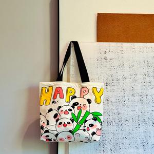 Large Cotton <strong>Panda</strong> Canvas Tote <strong>Bag</strong> with Fashionable New Design Zipper Closure Two Handles Custom Cartoon Student Girls Women - Product Image 1