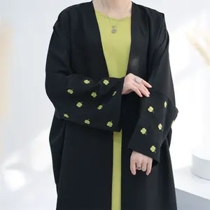 Embroidery Clover Abaya EID Ramadan Muslim Women Flowers Sewn Kimono with Slip High Quality 2 Piece Lucky Abayas Set