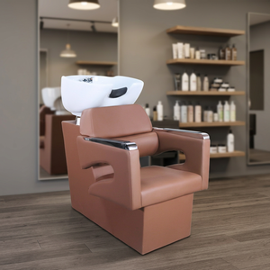 Sillón de Peluquería Moderno de Cuero PU con Lavabo de Porcelana y Estructura Metálica, Muebles de Salón para Uso Comercial - Product Image 1
