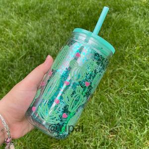 Pre Drilled Hole Glitter Double Wall Snow Globe 16 oz <b>Plastic</b> Beer Can Shaped Acrylic Clear <b>Cup</b> with Lid and Straw - Product Image 4