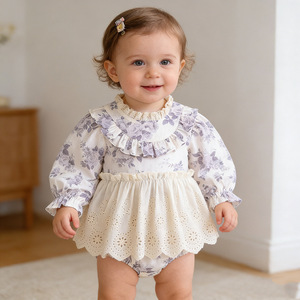 <span class=keywords><strong>Combinaison</strong></span> en coton pour bébé <span class=keywords><strong>fille</strong></span>, style occidental, avec dentelle florale, boutons dissimulés, nouvelle collection printemps-automne - Product Image 3