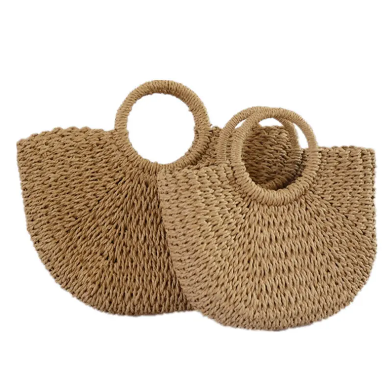 Bolsos de mimbre redondos para mujer, bandoleras de paja Natural, para playa y verano, venta al por mayor