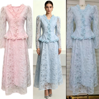 Ensemble 2 pièces modeste pour femme, bleu poudré, fait main, avec haut peplum à manches longues orné de fleurs 3D et jupe longue, tenue de cérémonie pour invitée de mariage ou soirée formelle