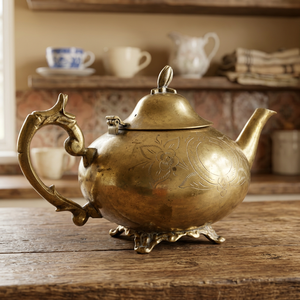 Vintage Brass Teapot With Lid And Handle Engraved Floral Design Water Pot <b>Kettle</b> - Product Image 5