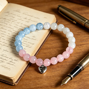 Pink Crystal <b>Beaded</b> <b>Bracelet</b> With Heart Pendant For Women Everyday Wear Yiwu Origin - Product Image 1